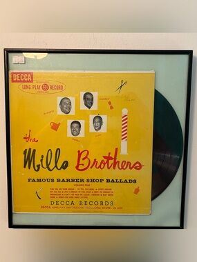 Framed vintage Mills Brothers Famous Barber Shop Ballads Vinyl Record wall art